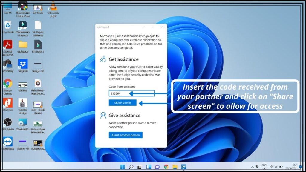The user who is allowing his partner to access their system needs to insert the code in the box Code from assistant and click on the Share screen The user who is allowing his partner to access their system needs to insert the code in the box Code from assistant and click on the Share screen
