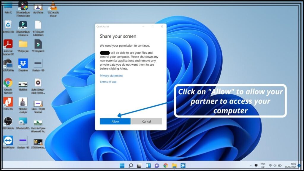 Quick assist will ask the user to Allow their partner to access the system. Click on Allow.