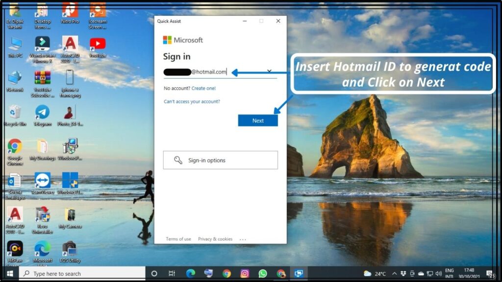 Inert Microsoft account email ID to generate code and click on next